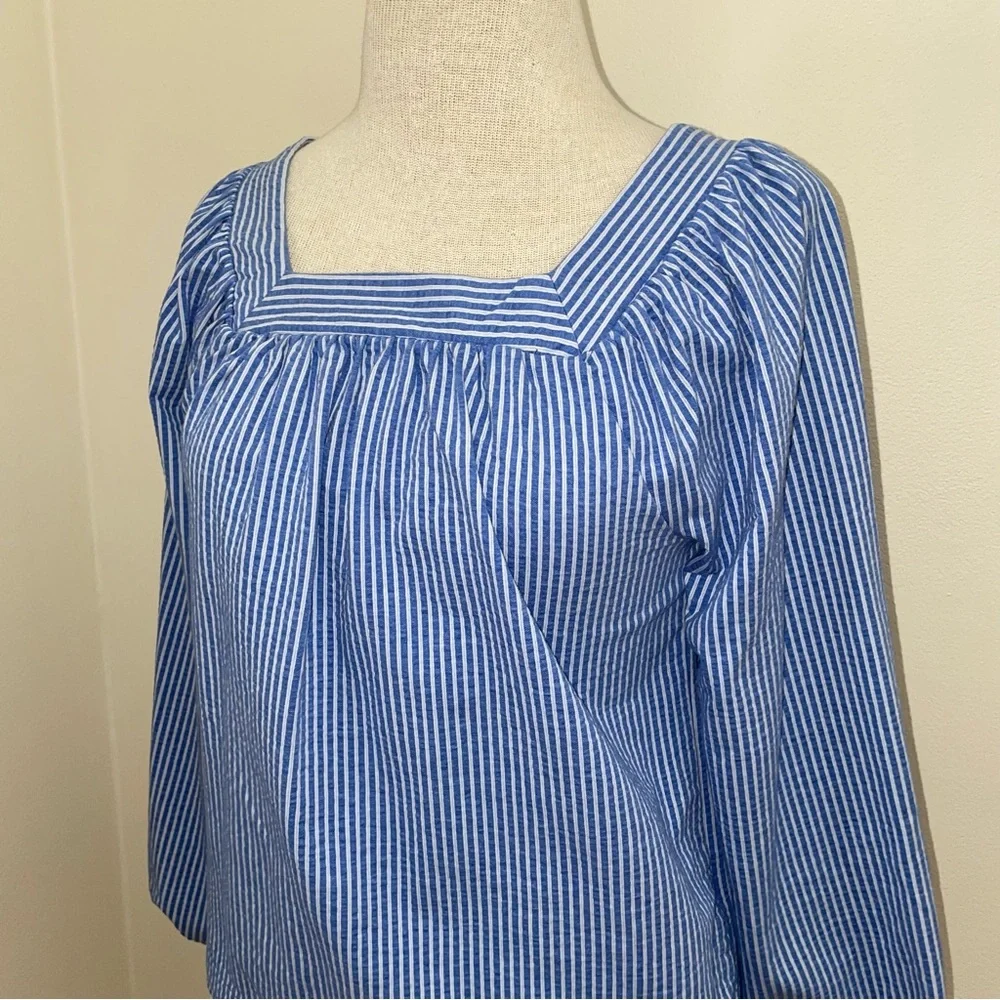 J. Crew Blue/White Striped Seersucker Square-Neck Top Size XS Coastal Beach Boho